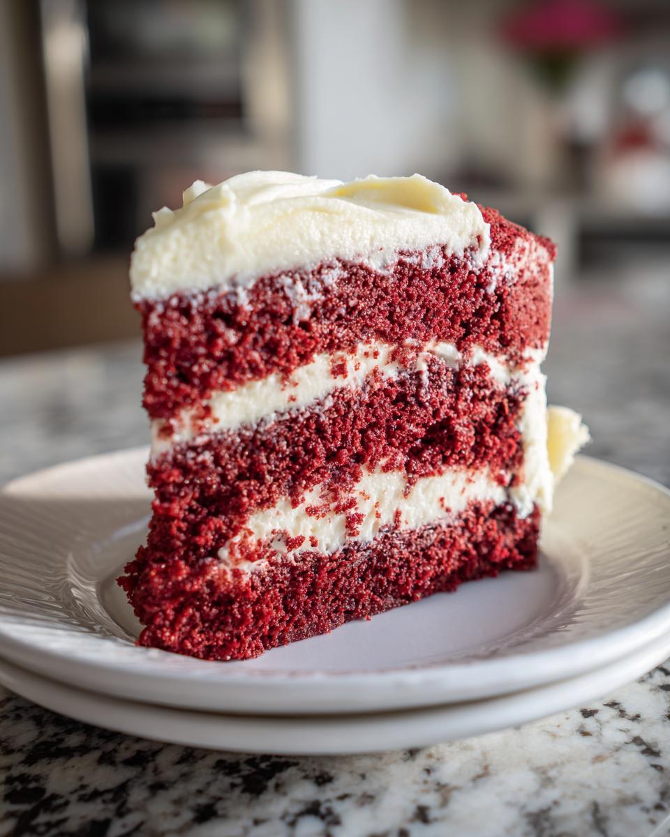 A decadent slice of red velvet cake with creamy white frosting and layers of cake.