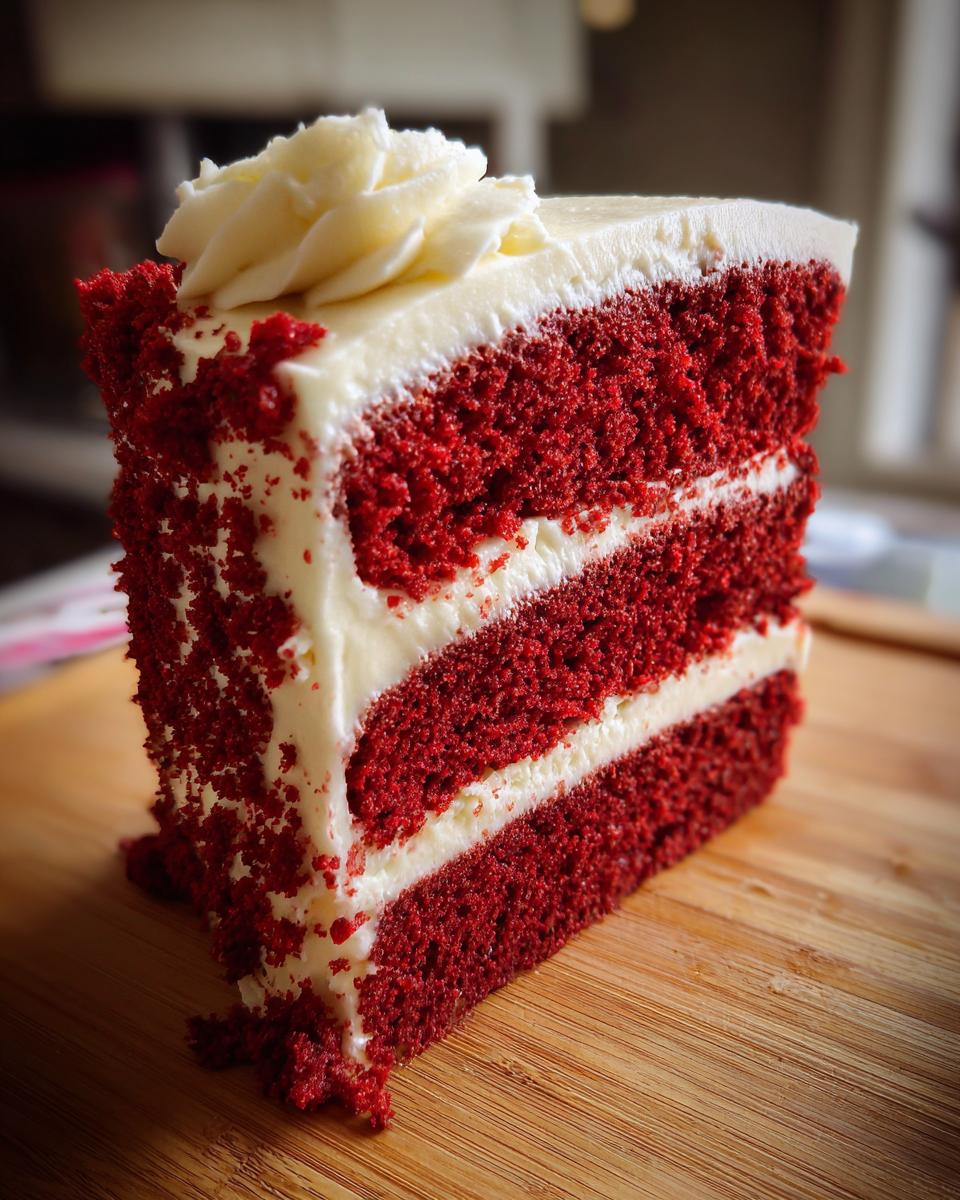 A moist slice of red velvet cake with cream cheese frosting, showcasing its rich red layers and fluffy texture.