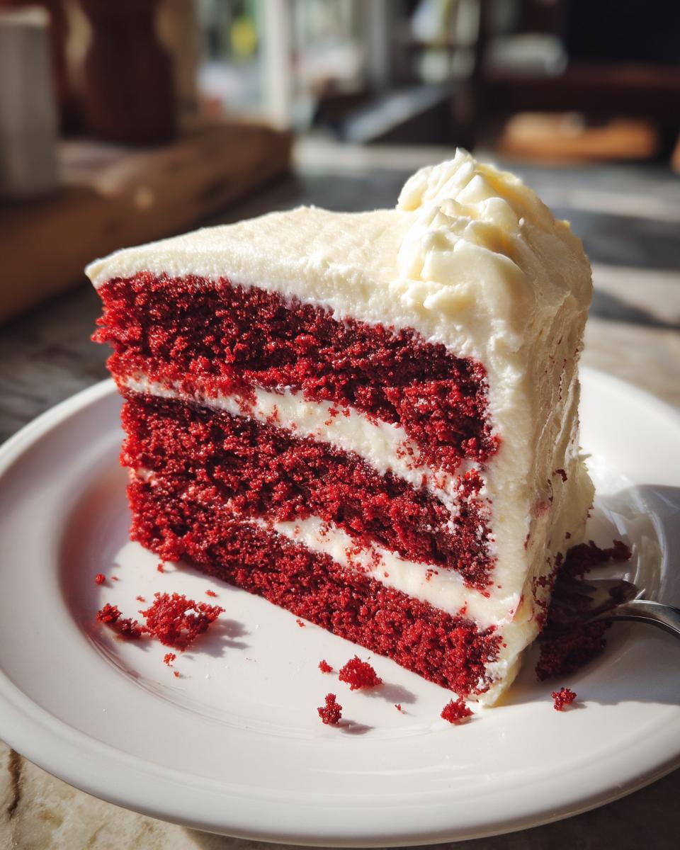 A decadent slice of red velvet cake with cream cheese frosting, showcasing its vibrant red layers and fluffy texture.