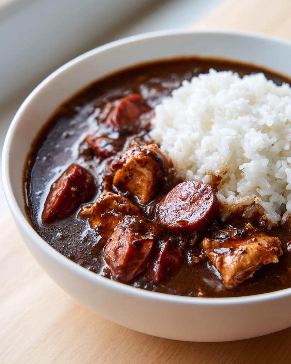 Close-up of a rich, dark Gumbo served in a white bowl with chunks of chicken, sliced sausage, and a mound of white rice.