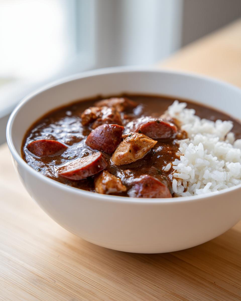 A close-up of a hearty bowl of Gumbo featuring dark roux, sliced andouille sausage, and chicken served over white rice.