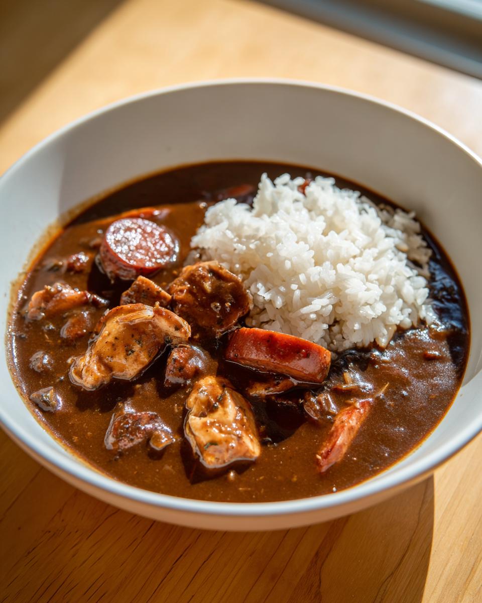 A close-up of a bowl of rich, dark Gumbo featuring chunks of chicken, andouille sausage slices, served next to white rice.