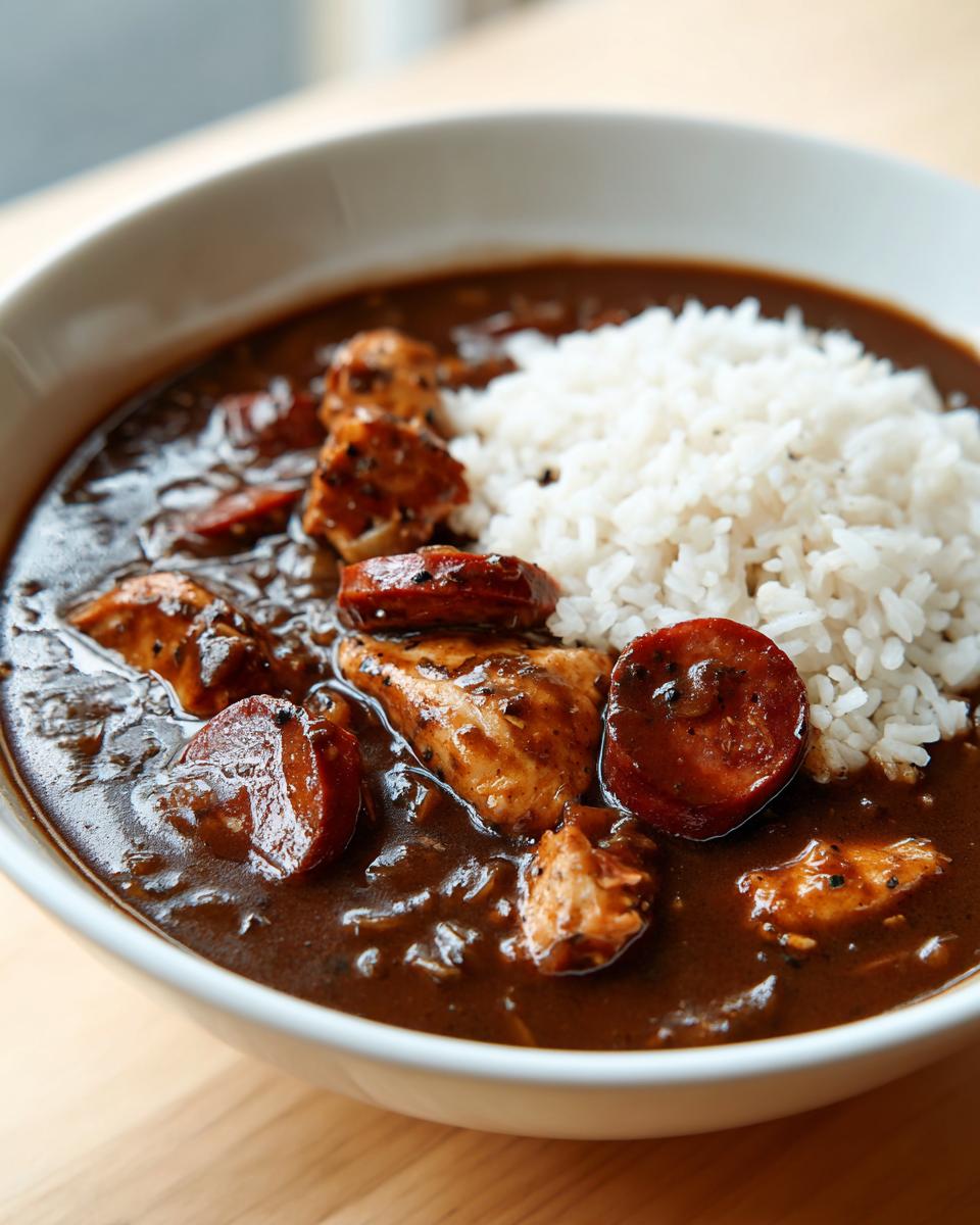 Close-up of a bowl of dark, rich Gumbo featuring chunks of chicken, sliced andouille sausage, and white rice.