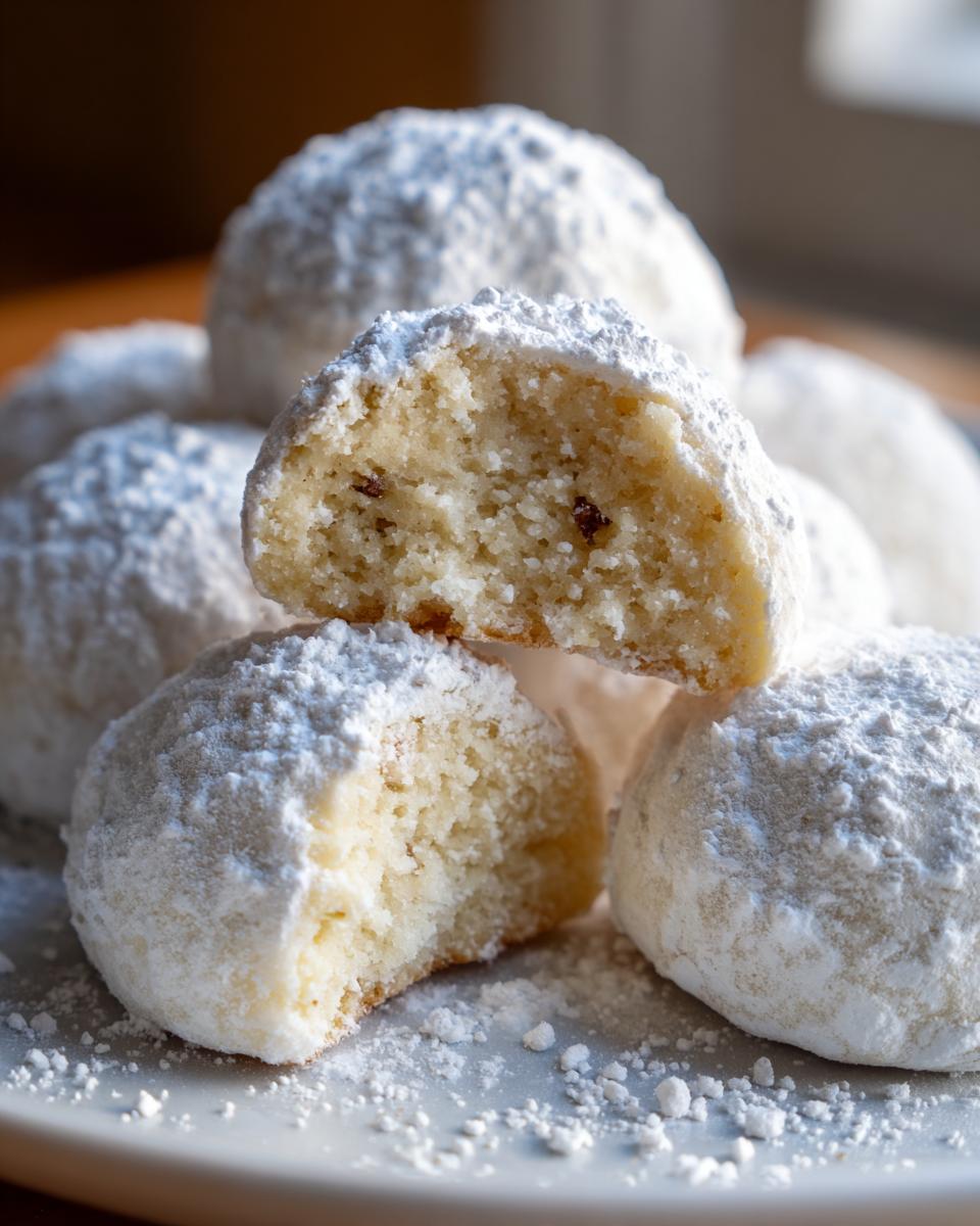 A close-up of several delicious russian tea cakes heavily dusted with powdered sugar, one is broken open showing the crumb.