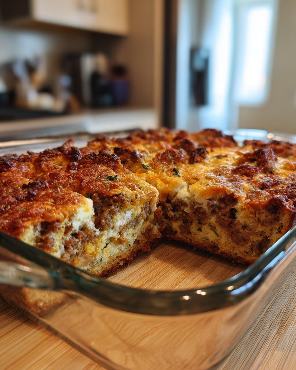 A golden brown sausage breakfast casserole with a slice removed, showing layers of sausage and bread.