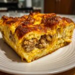 A close-up of a hearty slice of sausage breakfast casserole, showing layers of golden-brown bread, sausage, and egg.