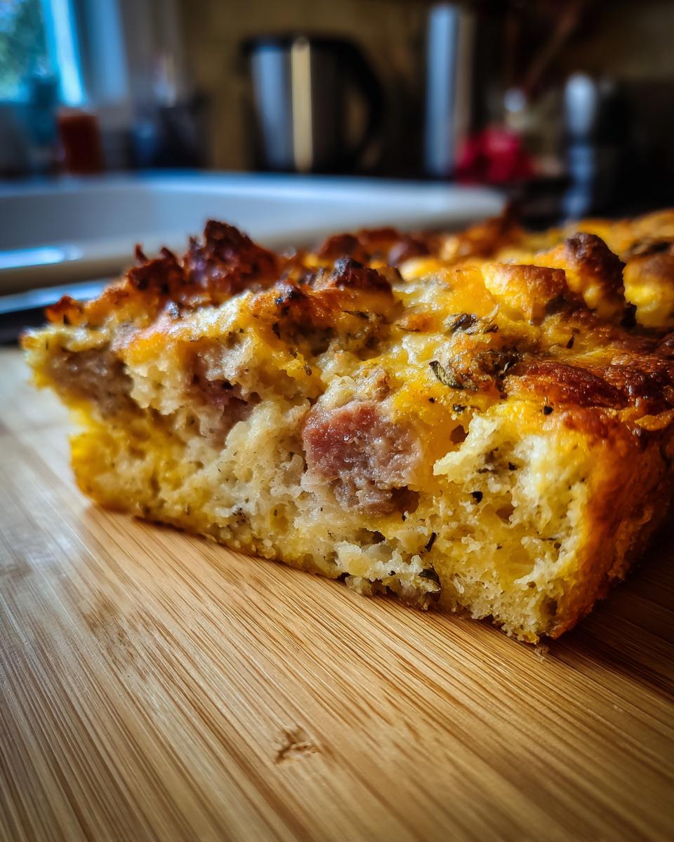 A close-up of a hearty slice of sausage breakfast casserole with golden-brown crust on a wooden cutting board.