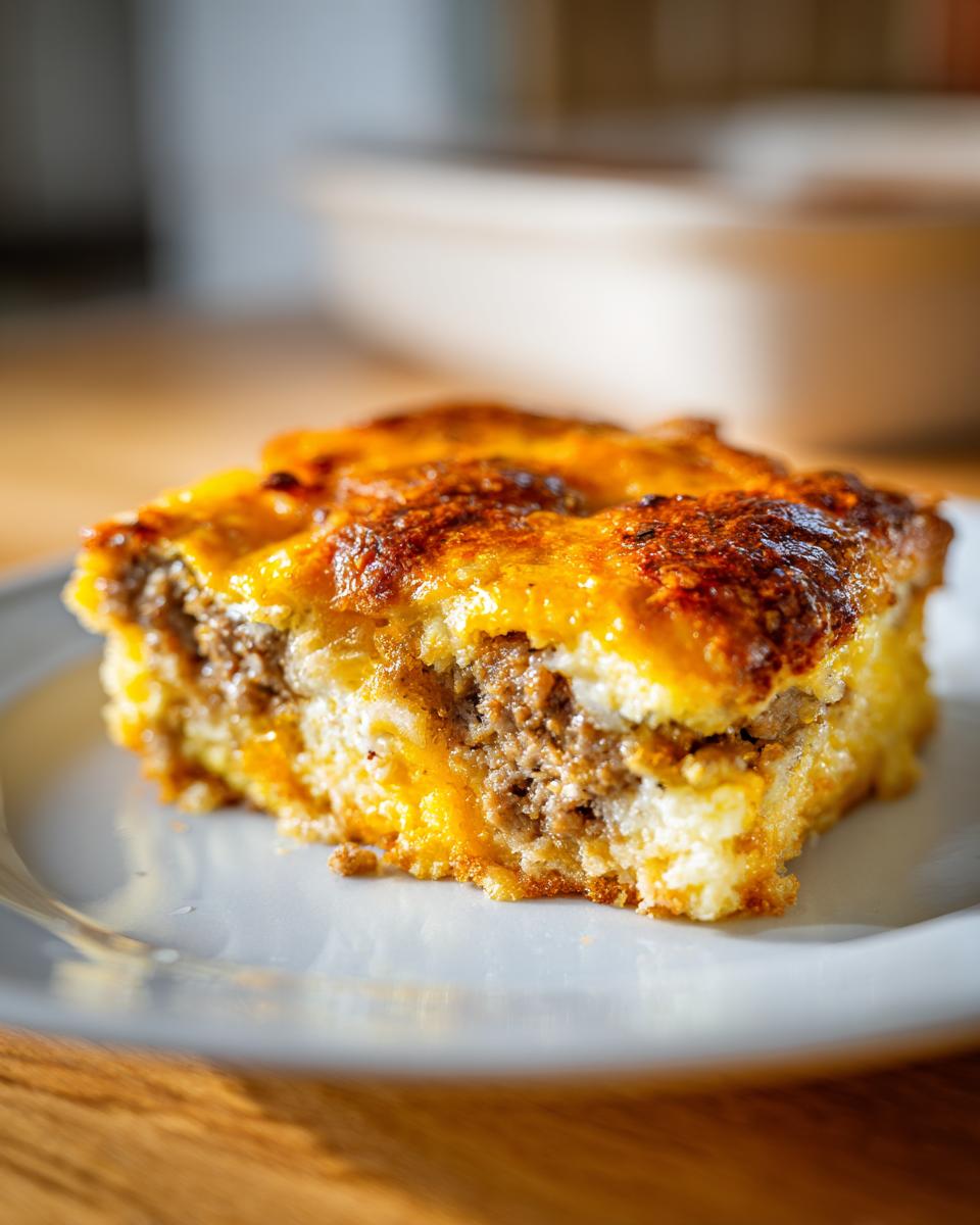 A close-up of a delicious slice of sausage breakfast casserole on a white plate, showing layers of sausage and cheese.