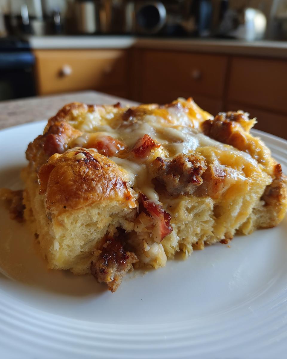 A close-up of a hearty slice of sausage breakfast casserole on a white plate, featuring golden-brown bread, melted cheese, and savory sausage.