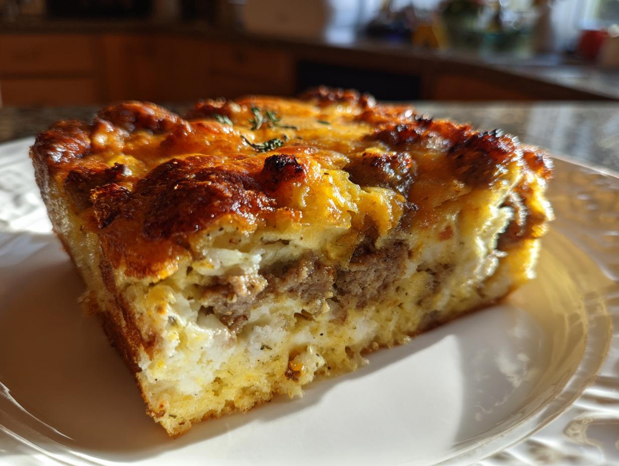 A golden-brown slice of sausage breakfast casserole on a white plate, showing layers of sausage, egg, and bread.