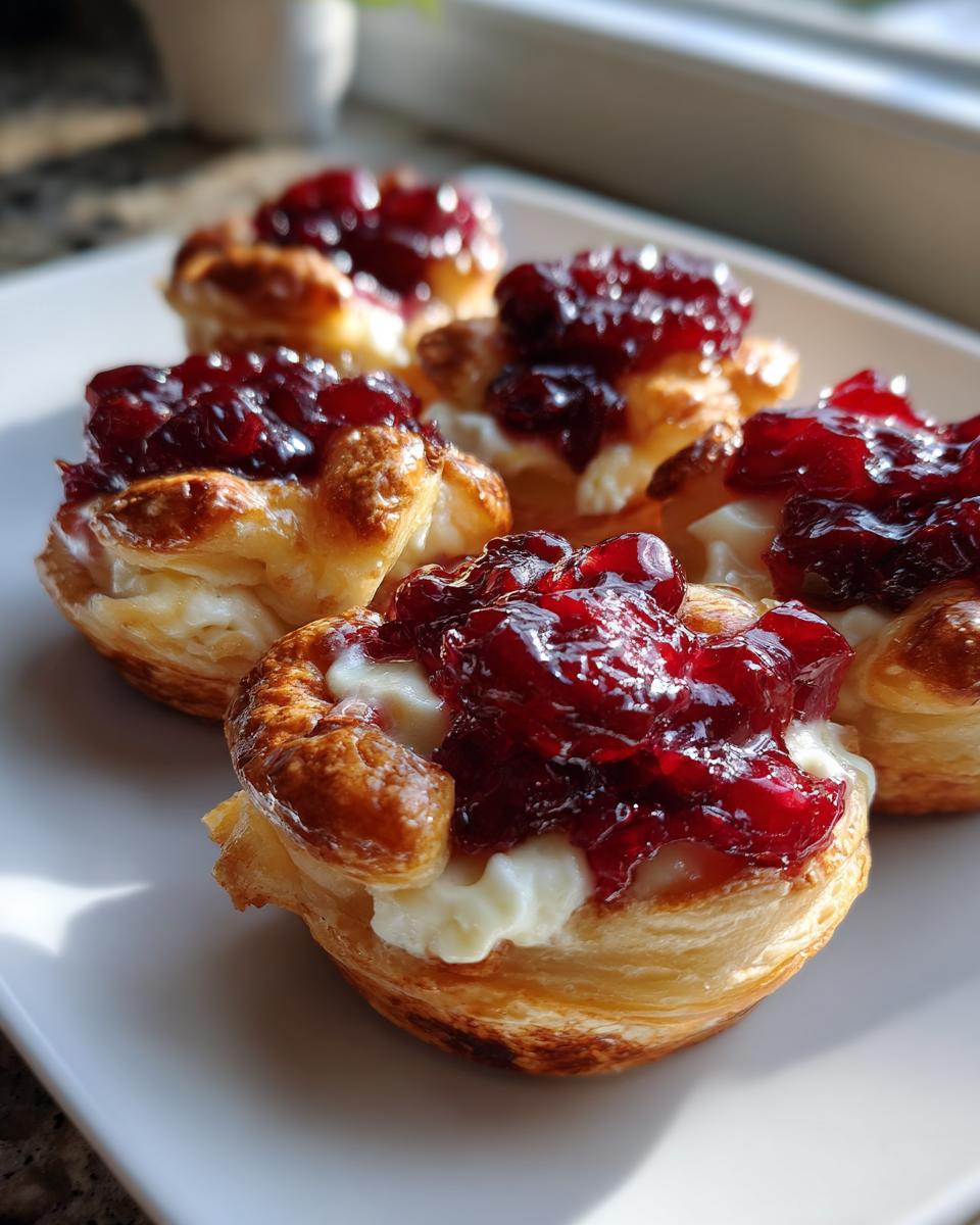 Close-up of golden, flaky puff pastry cups filled with creamy brie and topped with glistening cranberry sauce, featuring several Cranberry brie bites.
