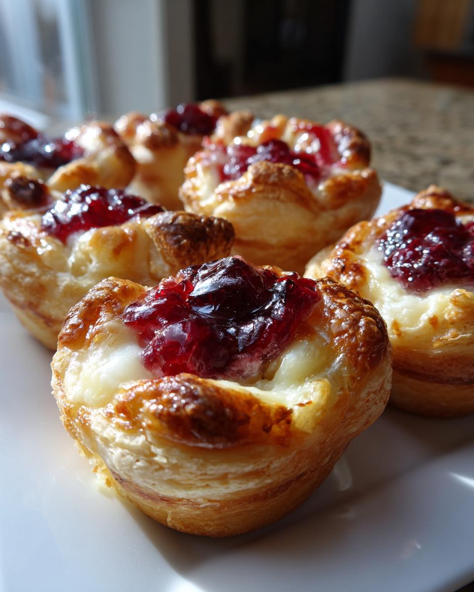 Close-up of freshly baked Cranberry brie bites with flaky pastry and glistening cranberry topping.