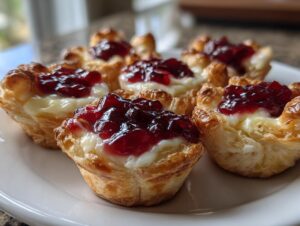 A plate of golden puff pastry Cranberry brie bites filled with melted brie and topped with dark red cranberry jam.