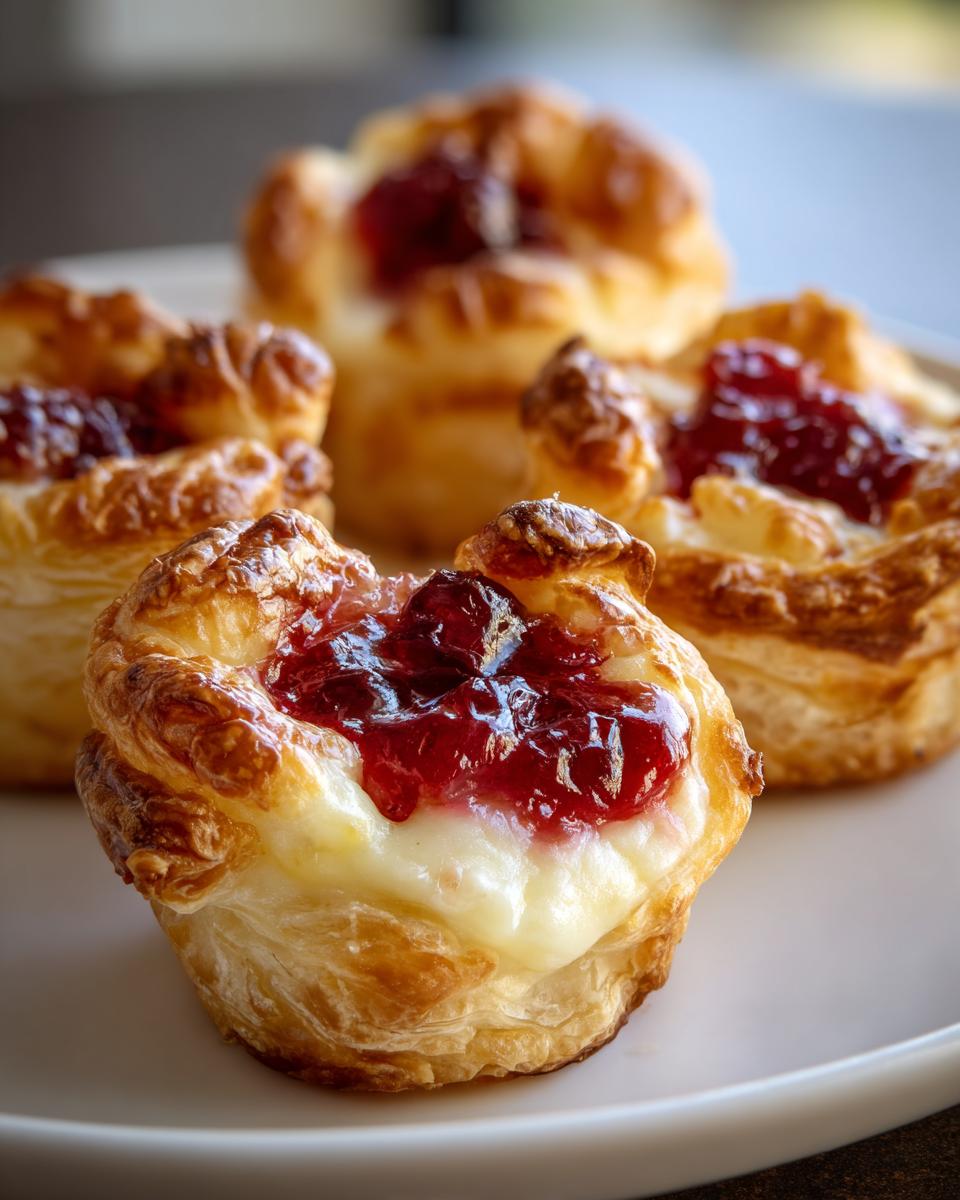 Close-up of a flaky pastry cup filled with melted brie and topped with bright red cranberry sauce, one of several Cranberry brie bites.