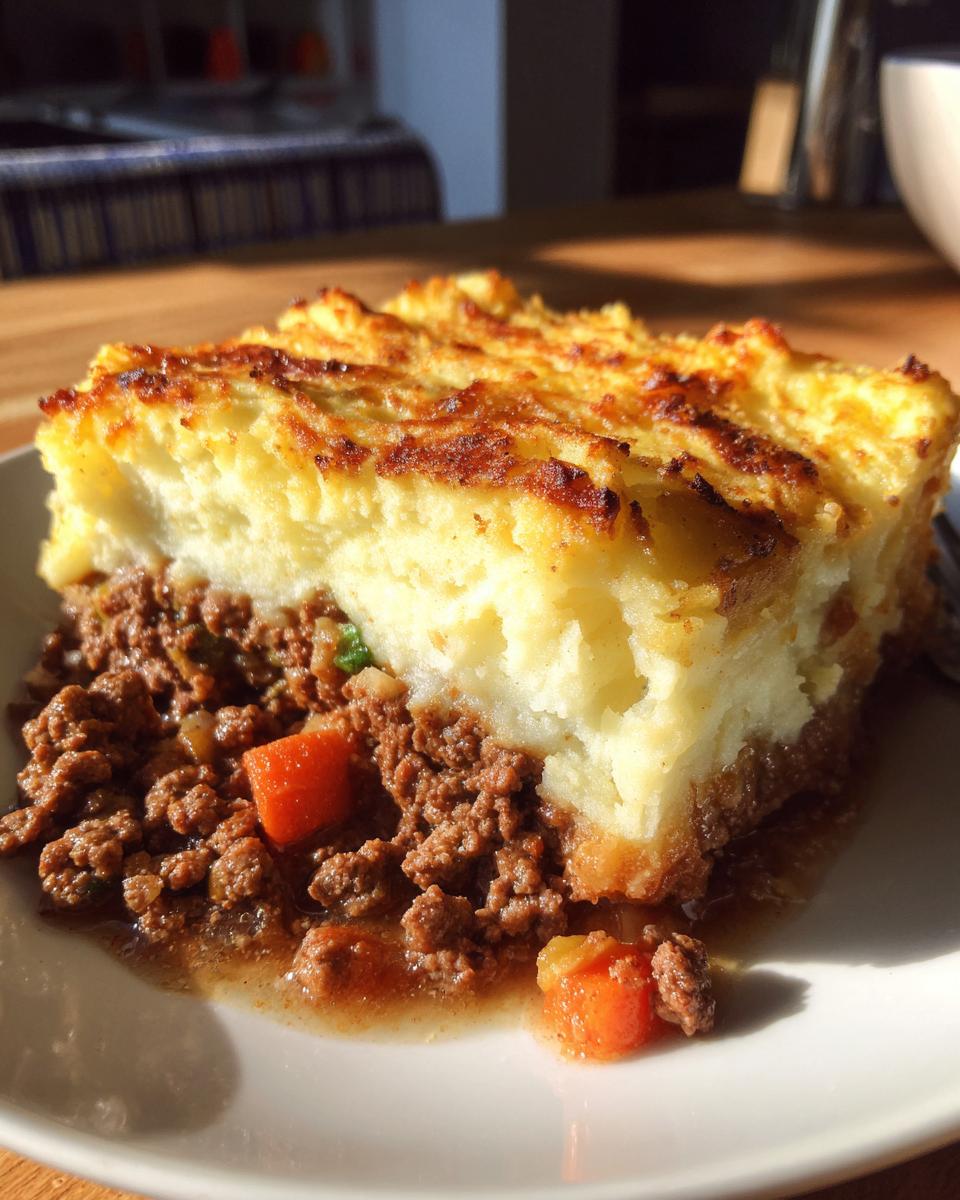 A close-up serving of Shepherd’s pie showing the rich meat filling and thick, golden-brown mashed potato topping.