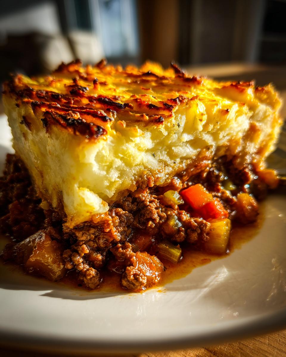 A close-up slice of Shepherd’s pie showing a thick layer of browned mashed potatoes over rich meat and vegetable filling.