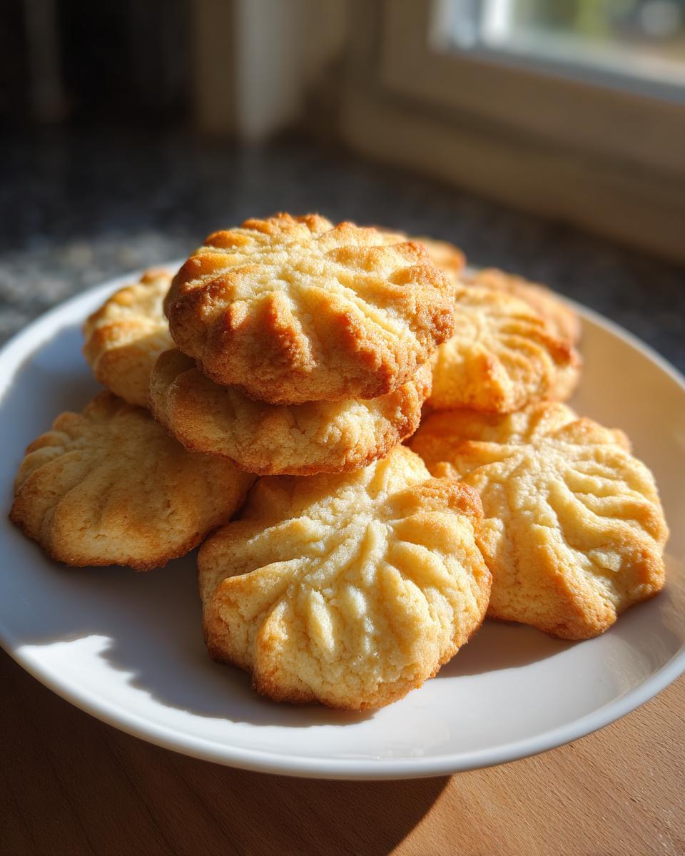 A stack of golden brown shortbread cookies with a fluted pattern on a white plate.