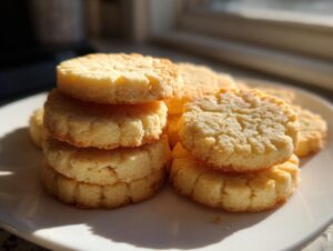 A close-up of a stack of golden shortbread cookies on a white plate, bathed in natural light.