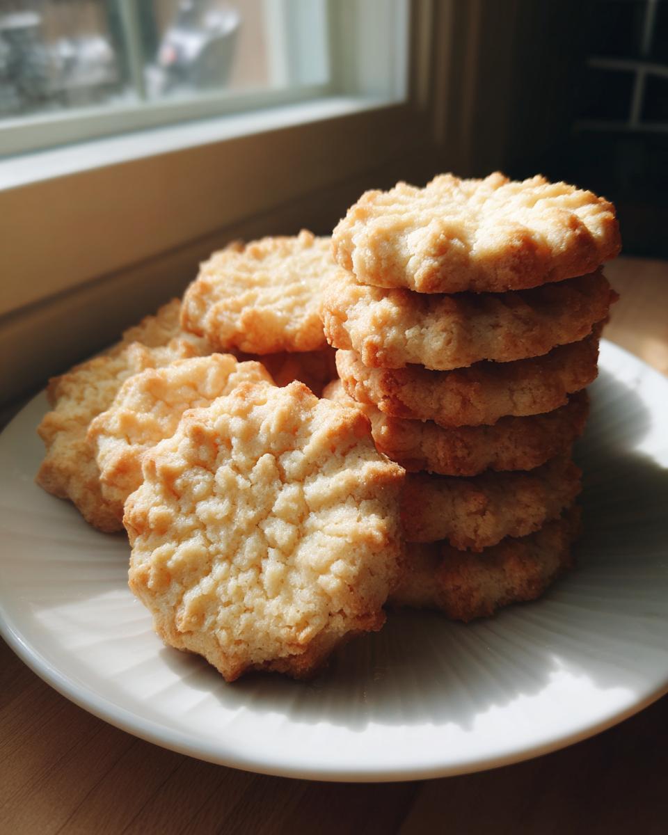 A stack of golden shortbread cookies with a textured surface, arranged on a white plate near a window.