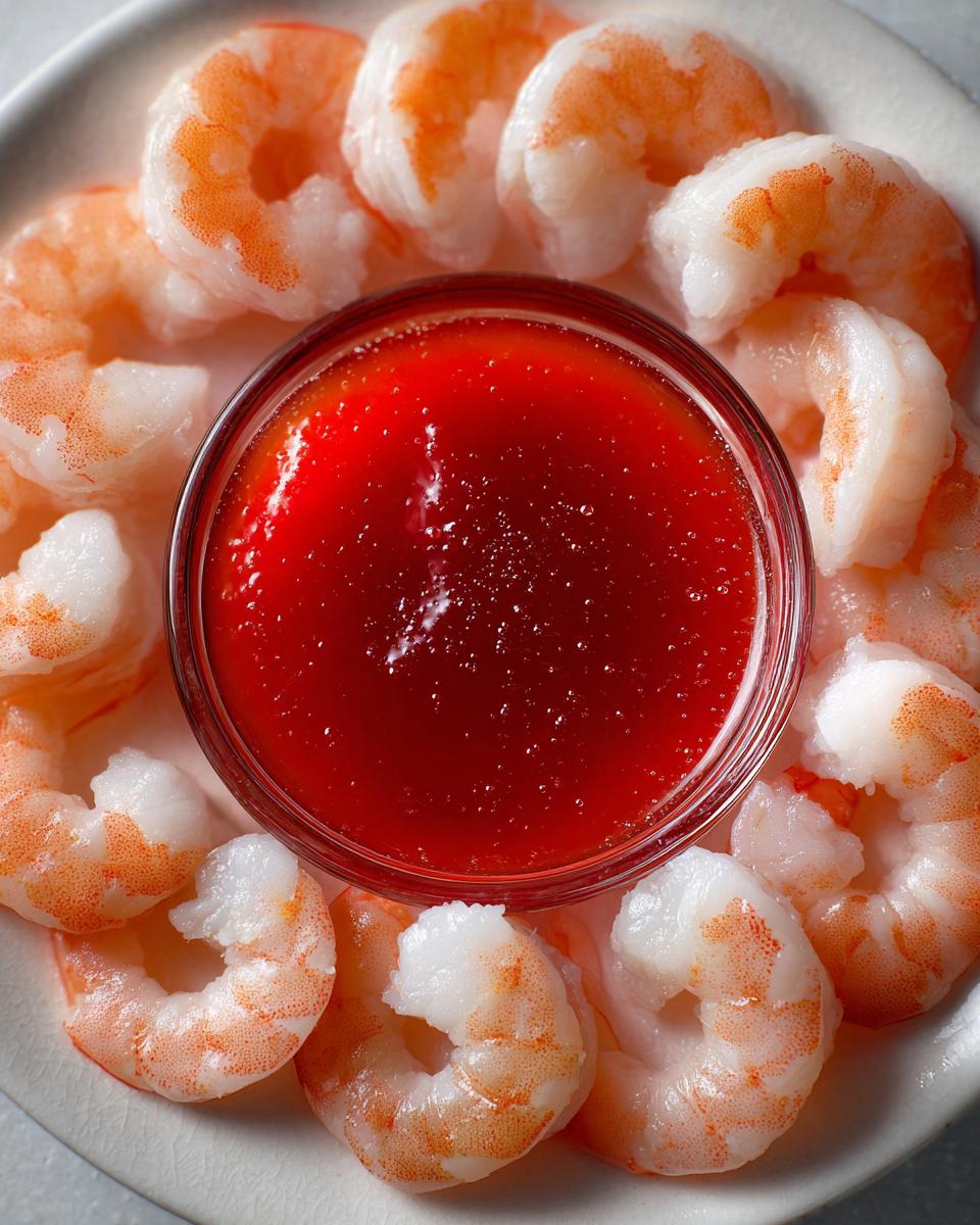 A close-up overhead view of a classic shrimp cocktail, featuring plump, cooked shrimp arranged around a bowl of vibrant red cocktail sauce.