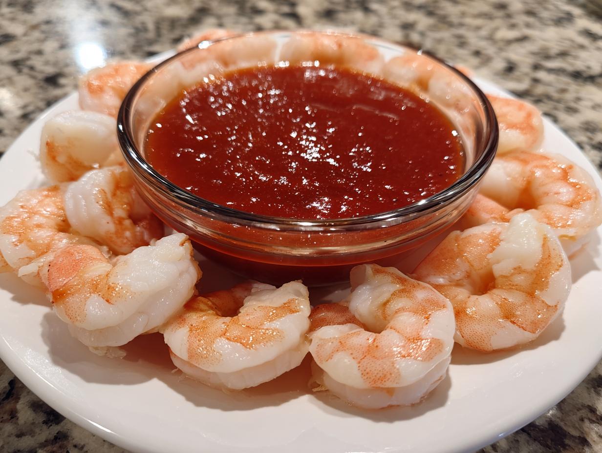 A plate of classic shrimp cocktail arranged around a bowl of red dipping sauce.
