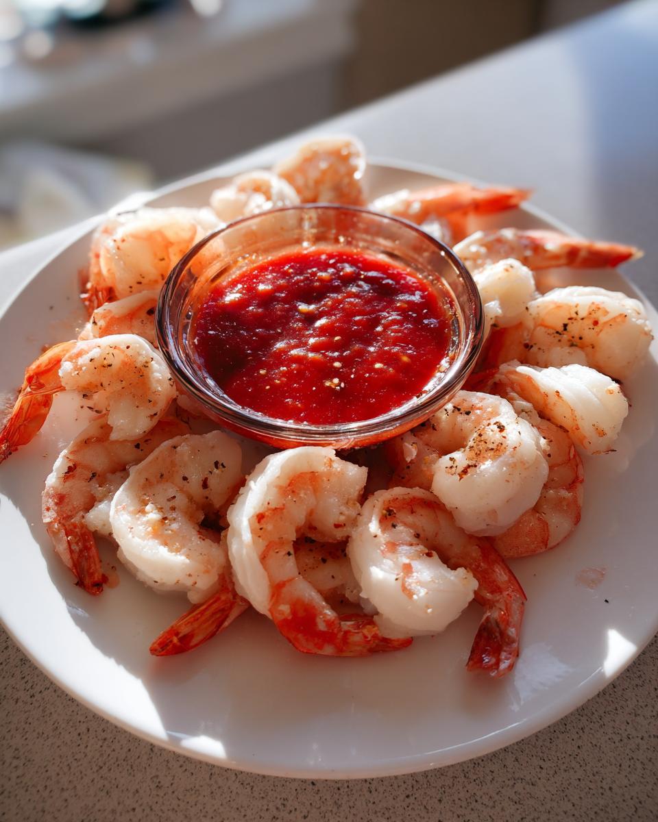 A plate of cooked shrimp cocktail arranged around a bowl of red dipping sauce. The shrimp are seasoned with pepper.