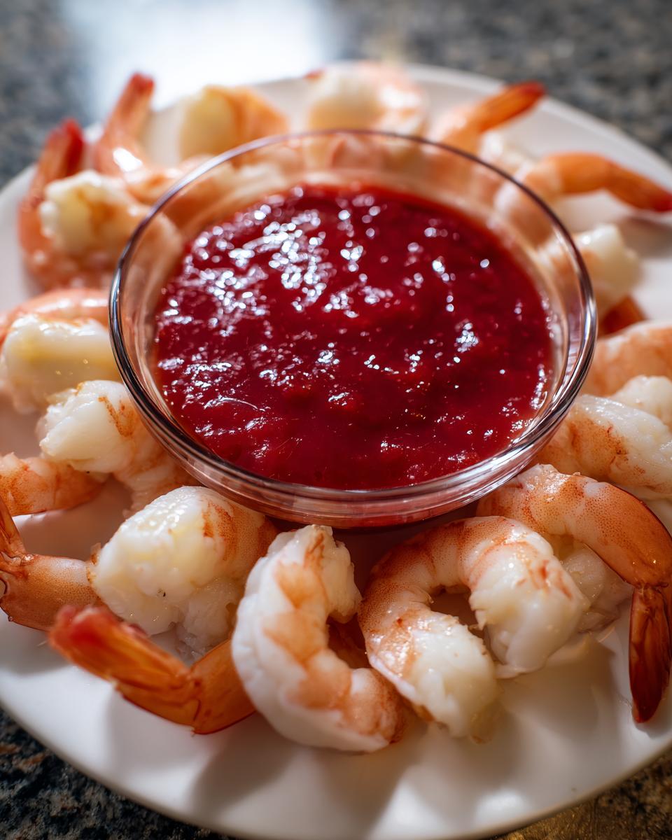 A white platter filled with chilled shrimp cocktail arranged around a bowl of red cocktail sauce.