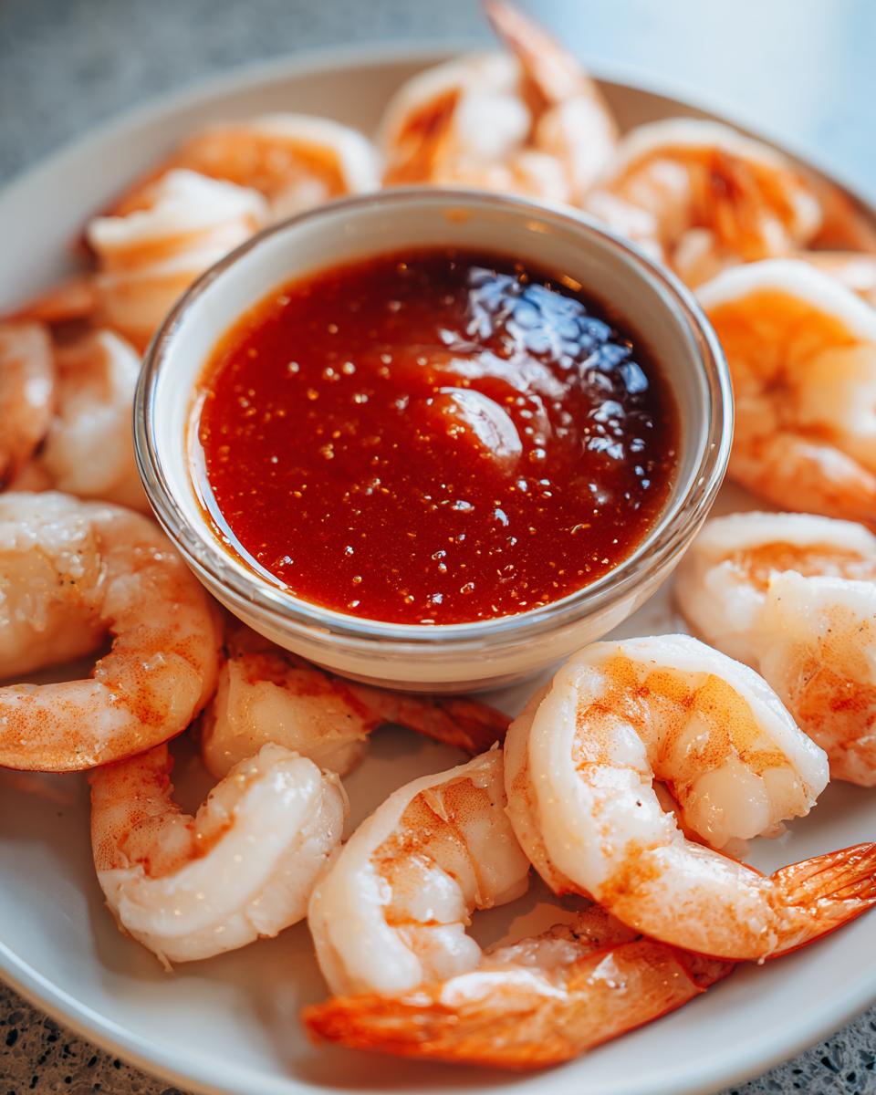 A close-up of a plate filled with perfectly cooked shrimp cocktail surrounding a small bowl of vibrant red dipping sauce.