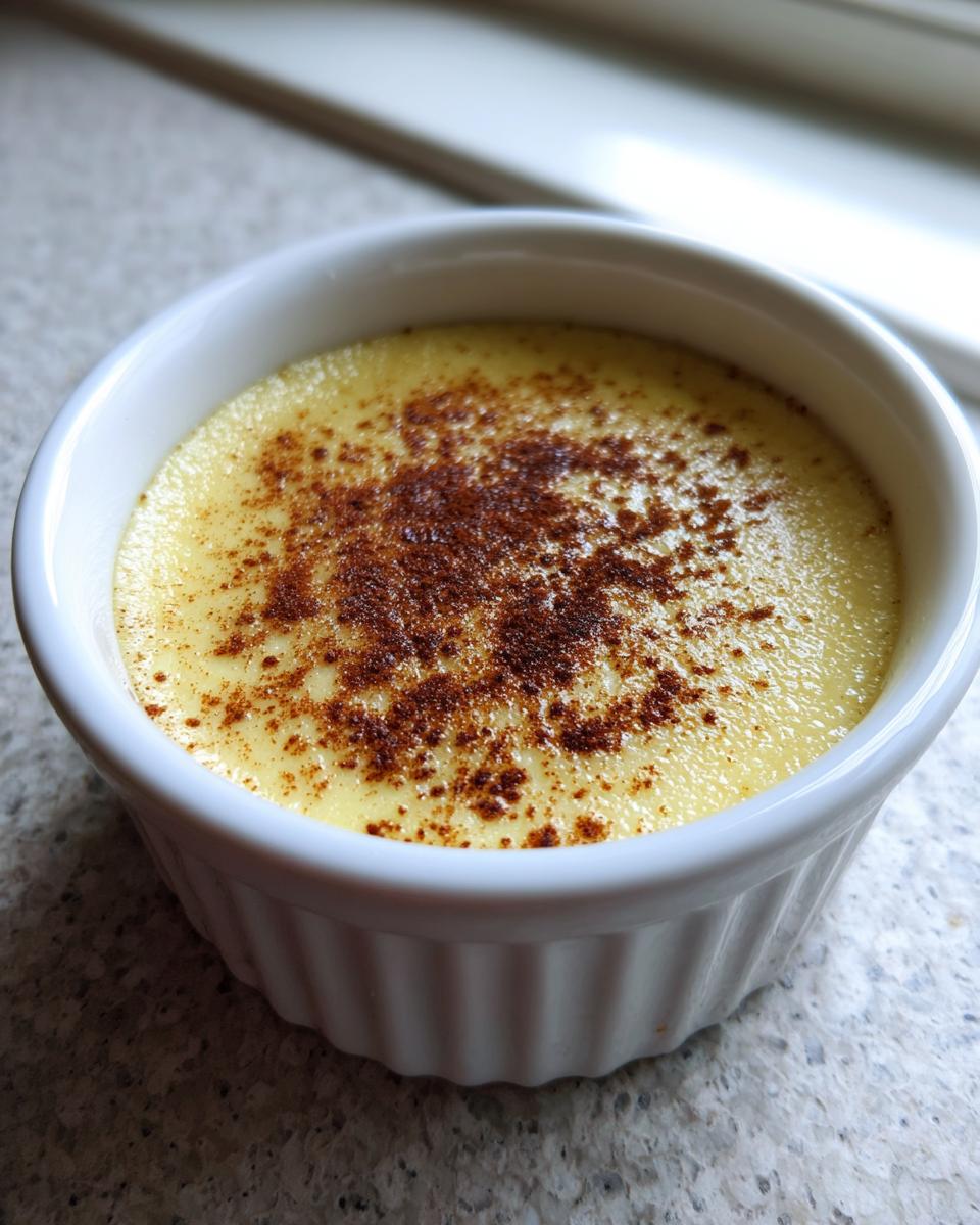 Close-up of a creamy yellow egg custard topped with a dusting of cinnamon in a white fluted ramekin.