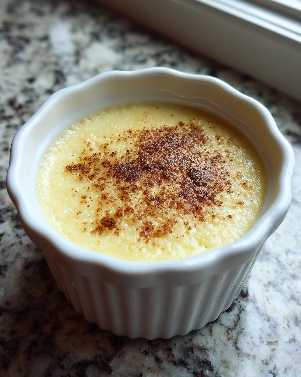 A single serving of creamy yellow egg custard dusted with cinnamon in a white fluted ramekin.