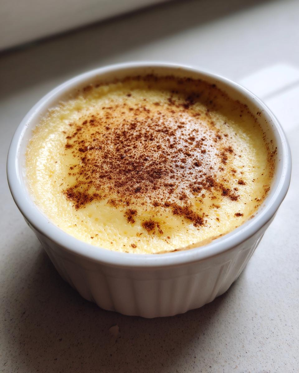 A close-up of a creamy, baked egg custard topped with a sprinkle of cinnamon in a white ramekin.
