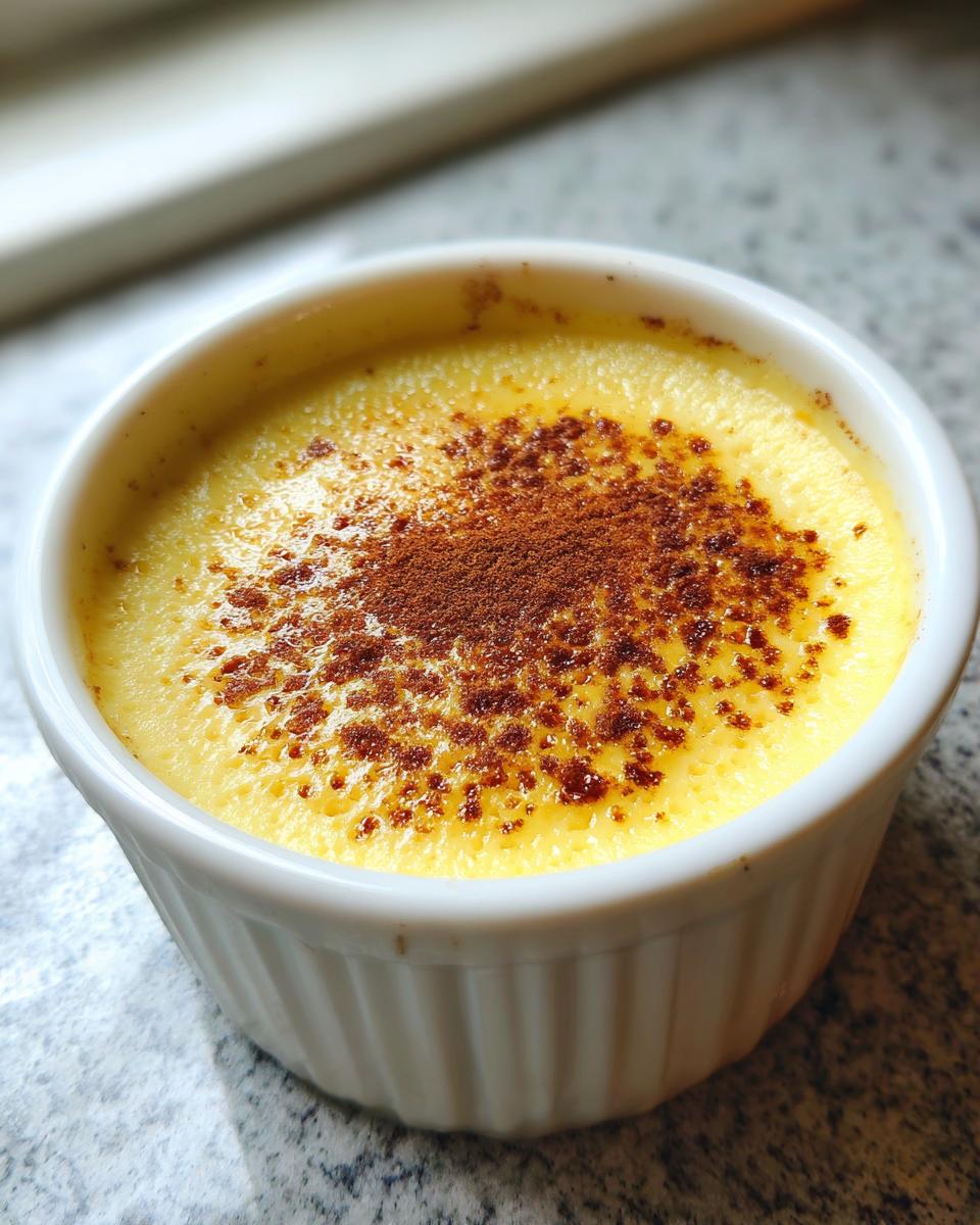 Close-up of a creamy yellow egg custard dessert in a white ramekin, topped with sprinkled cinnamon.