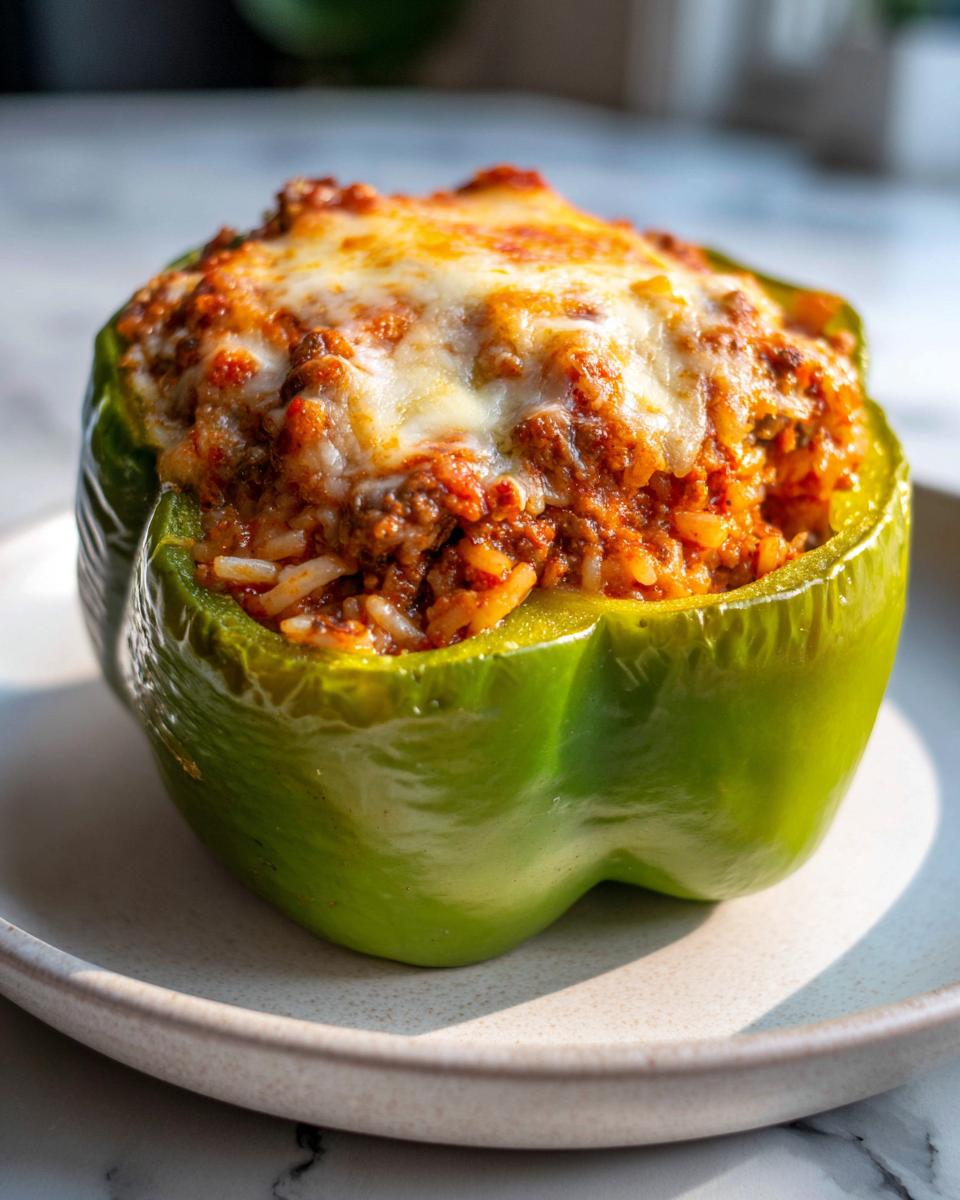 Close-up of a single green stuffed bell peppers topped with savory meat sauce and melted white cheese.
