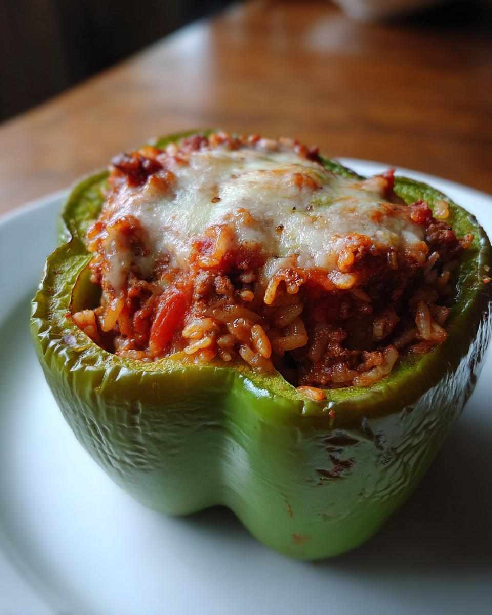 Close-up of a single green stuffed bell peppers filled with meat and rice, topped with melted cheese.