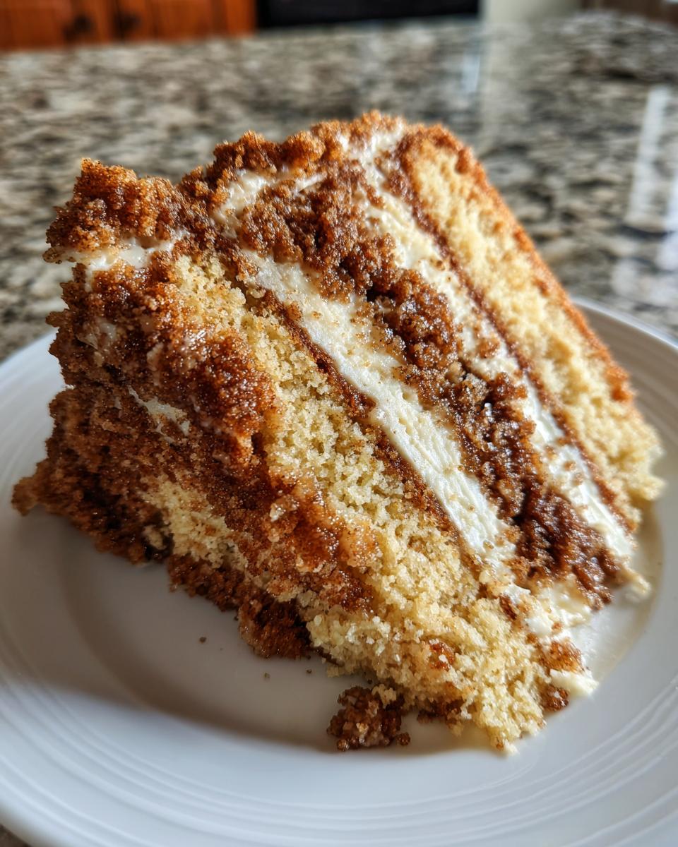 A close-up of a moist slice of sour cream coffee cake showing layers of light cake, white frosting, and dark cinnamon streusel.