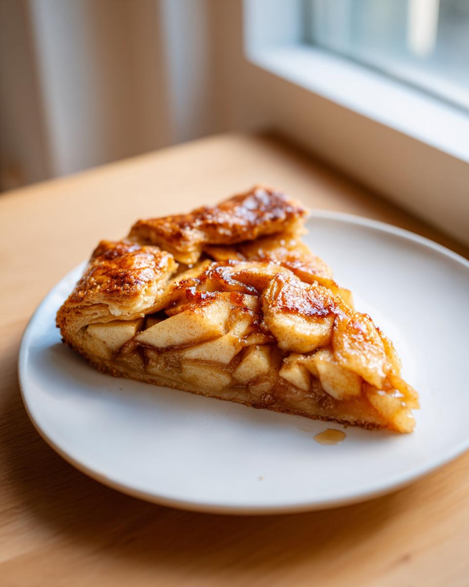 A close-up shot of a single slice of homemade apple galette with caramelized apples on a white plate.