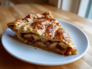 A close-up of a flaky, golden-brown slice of apple galette filled with spiced apples, served on a white plate.