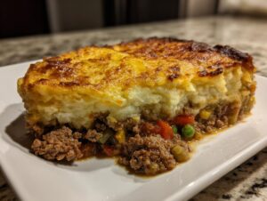 A close-up of a thick slice of Shepherd’s pie with a browned mashed potato topping over savory ground meat and vegetables.