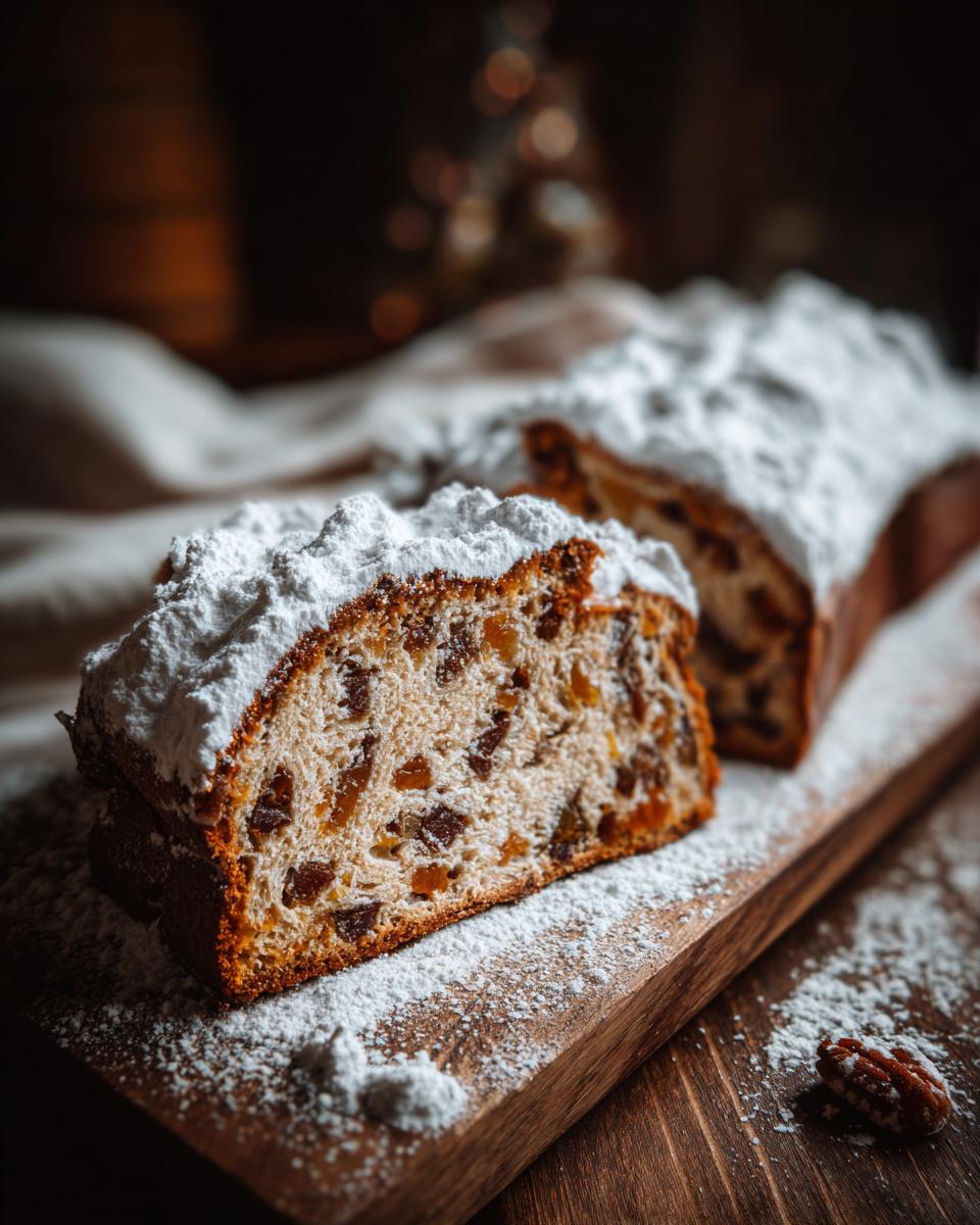 A thick slice of Stollen bread, rich with dried fruit and topped heavily with powdered sugar, sits on a wooden board.