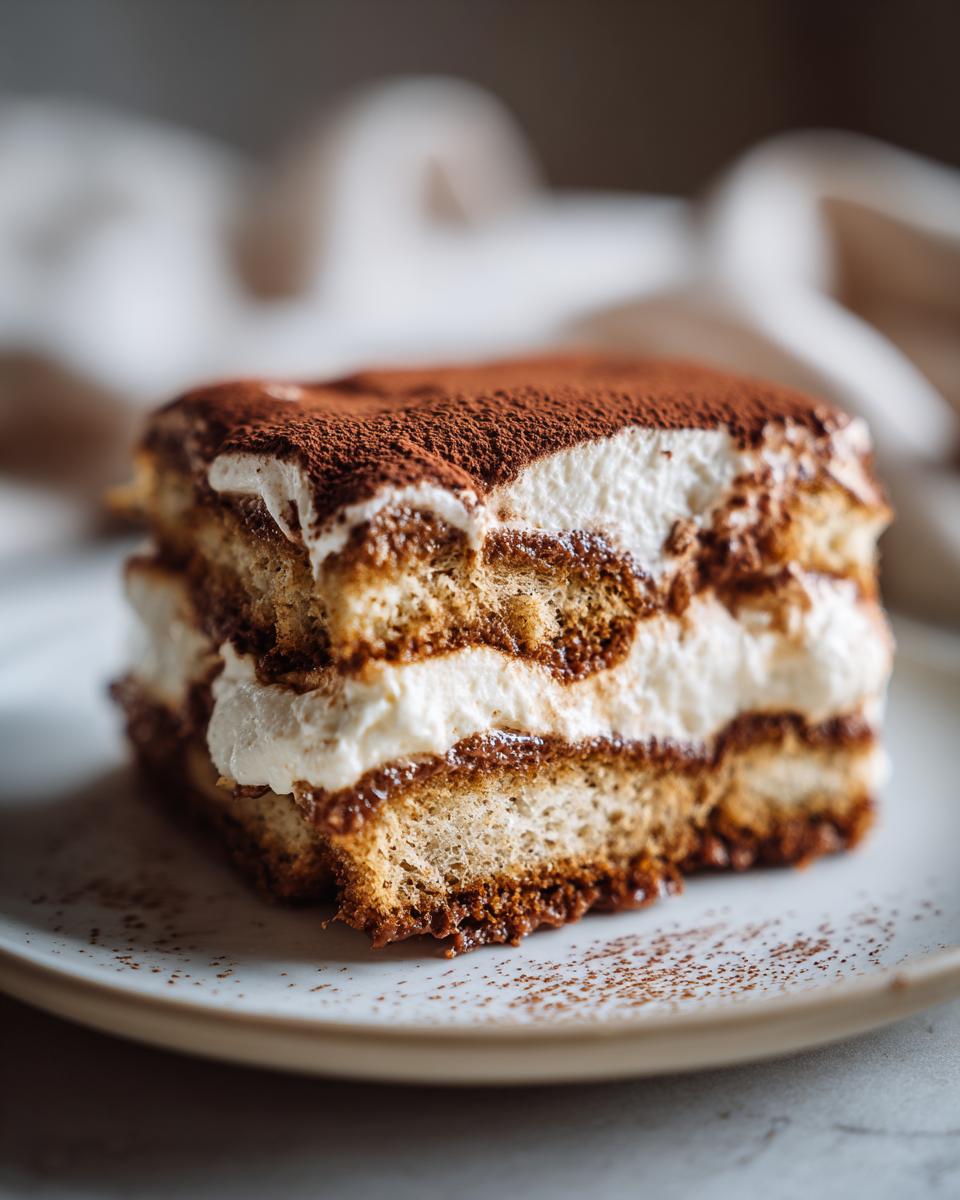 A decadent, layered slice of Tiramisu featuring coffee-soaked ladyfingers and creamy mascarpone, topped with cocoa powder.