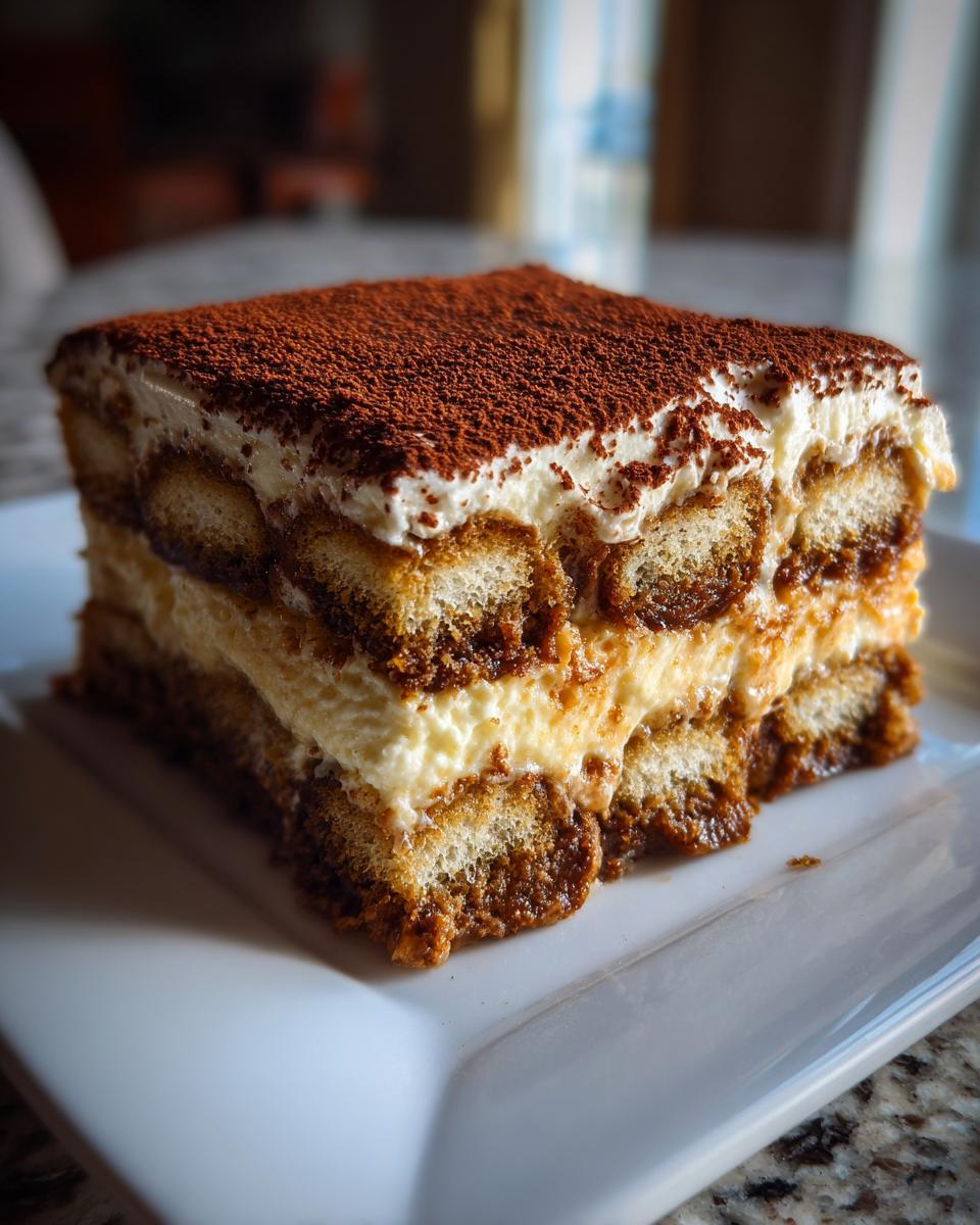 A rich, layered slice of Tiramisu featuring coffee-soaked ladyfingers and creamy mascarpone, dusted with cocoa powder.