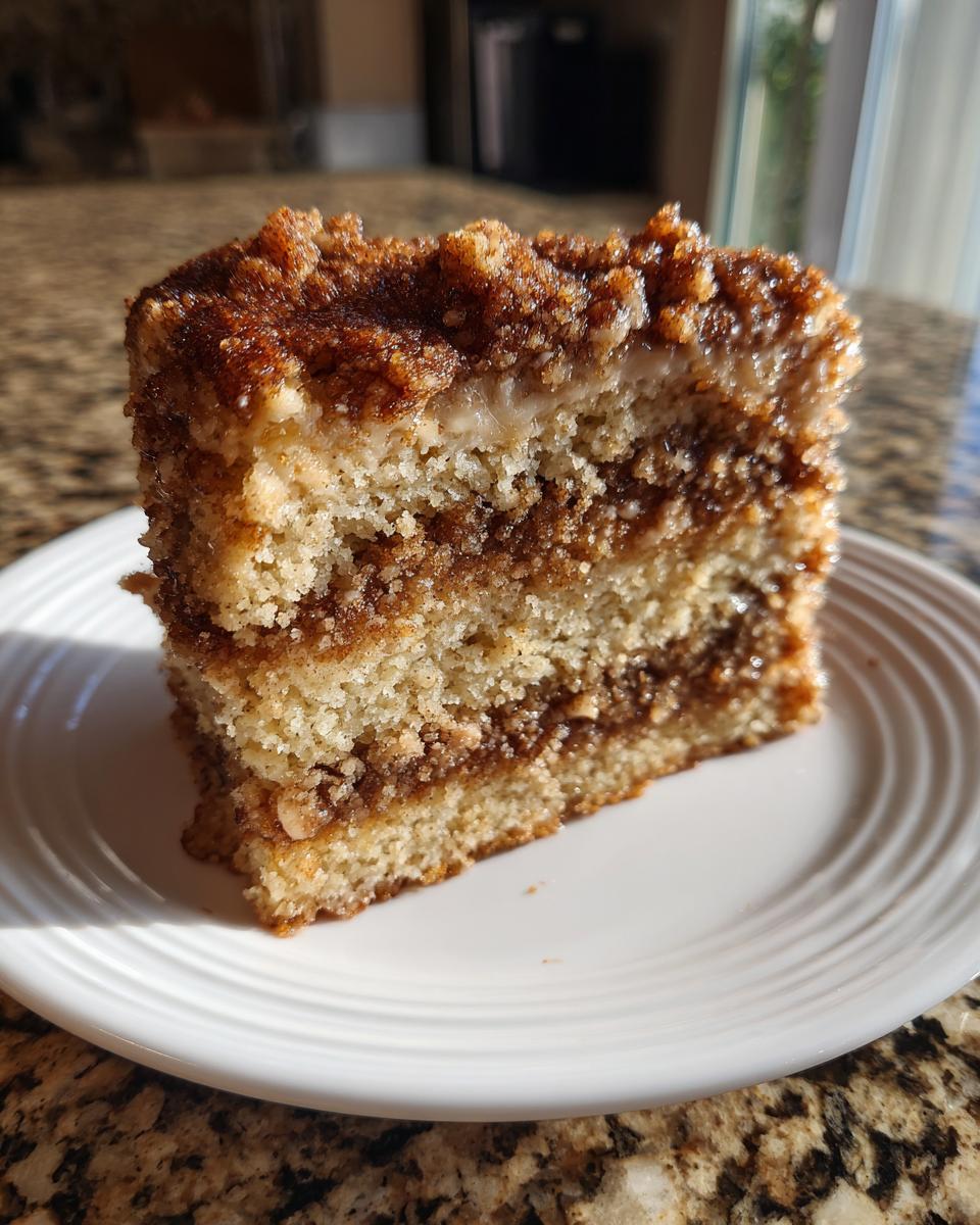 Close-up of a moist slice of sour cream coffee cake featuring two layers of cake separated by cinnamon filling and topped with thick streusel.