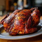 A whole, golden-brown smoked turkey rests on a gray plate, glistening with juices and herbs.
