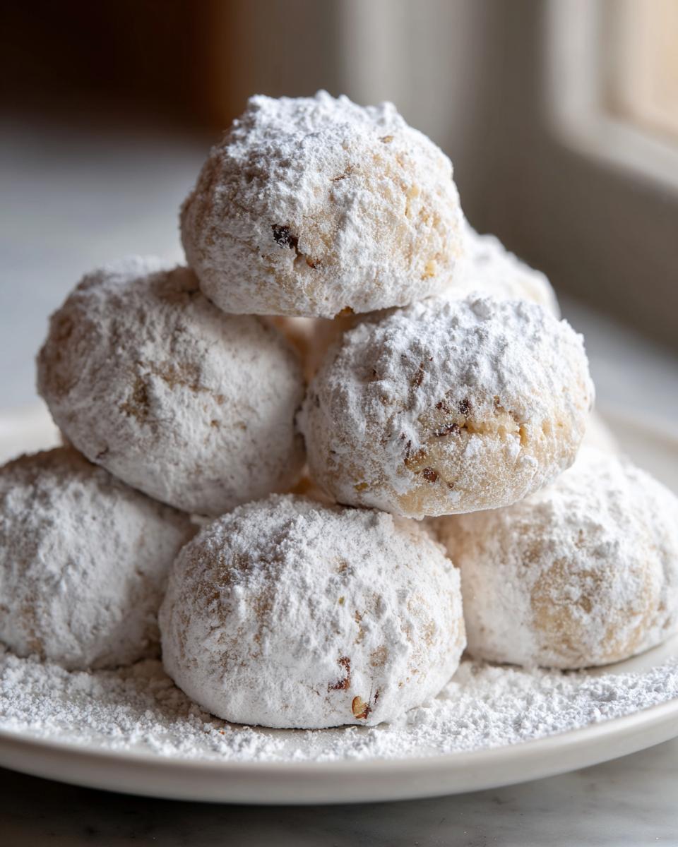 A close-up stack of freshly baked Snowball cookies heavily dusted with powdered sugar on a white plate.