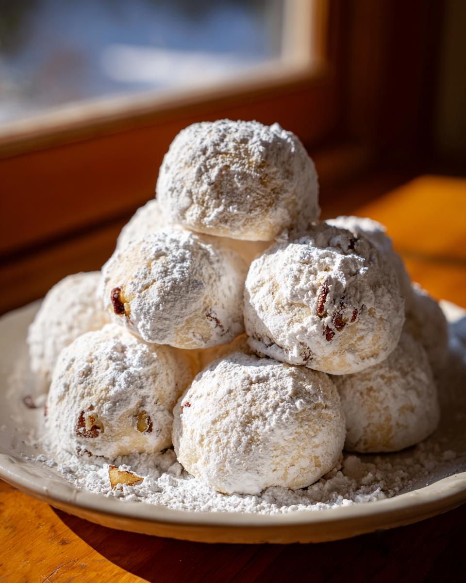 A stack of delicious Snowball cookies heavily dusted with powdered sugar, sitting on a light plate.