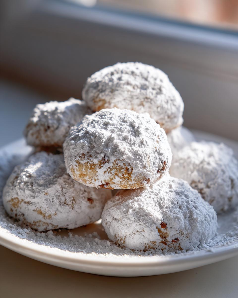 A stack of freshly baked Snowball cookies heavily dusted with powdered sugar sitting on a white plate.