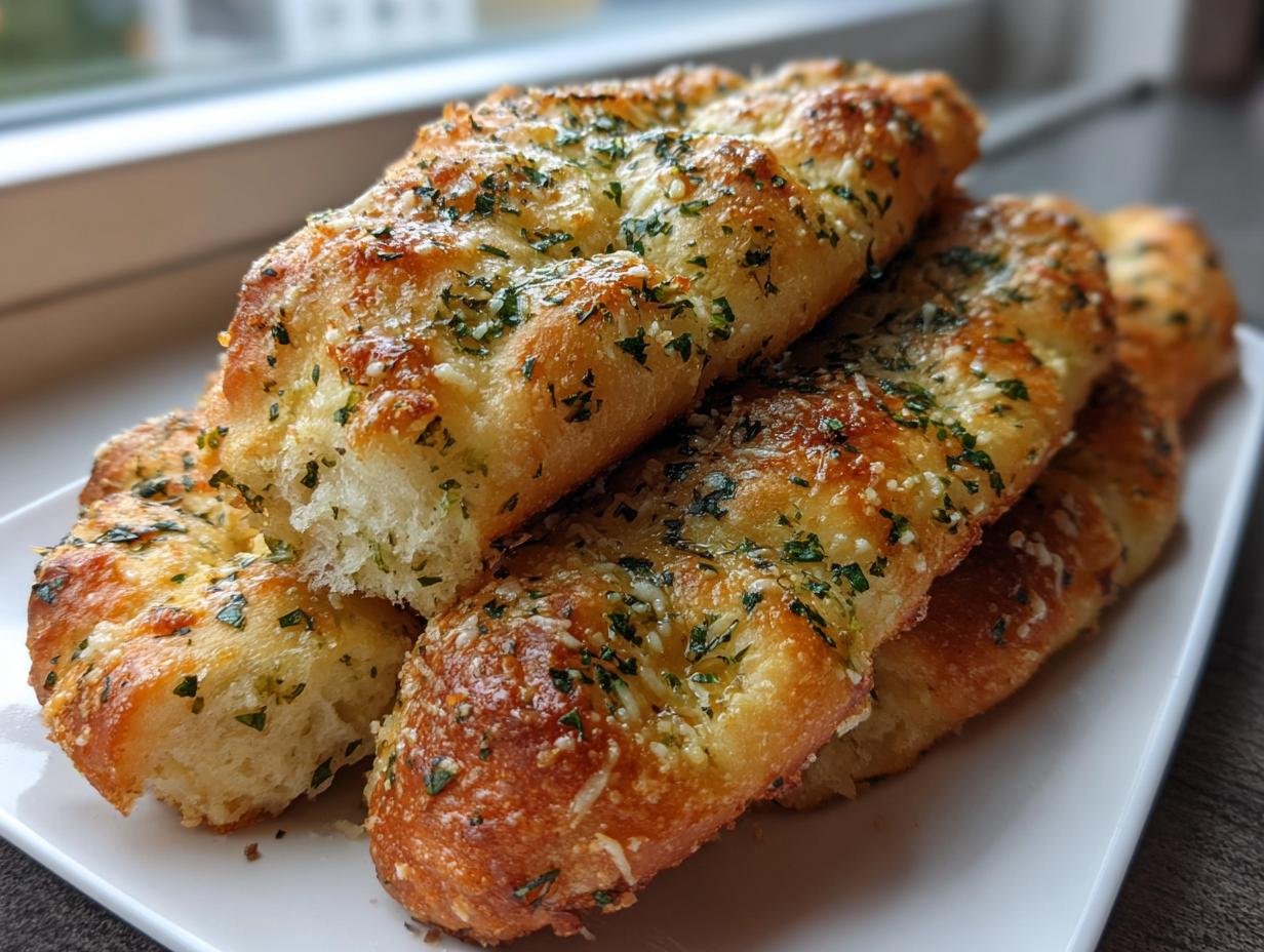 A close-up of several soft garlic breadsticks, golden brown and topped with melted cheese and parsley.
