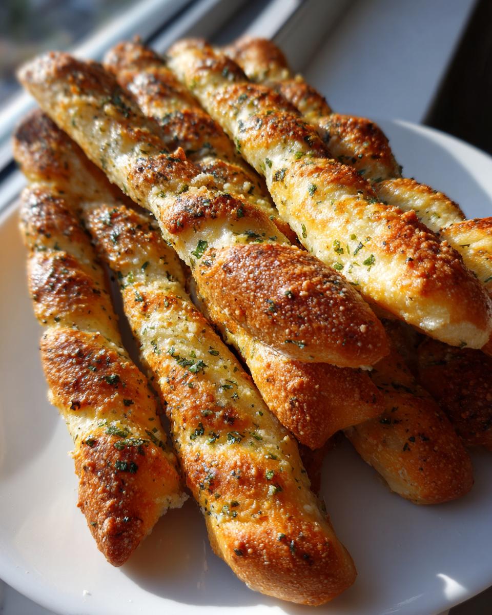 A close-up of several golden, twisted, soft garlic breadsticks topped with melted cheese and parsley.