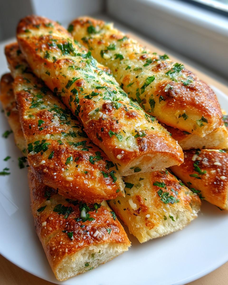 A close-up of several golden, soft garlic breadsticks topped with melted cheese and fresh parsley.