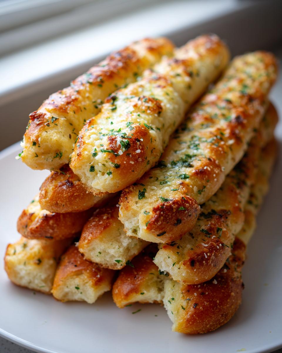 A tempting stack of freshly baked, soft garlic breadsticks topped with melted cheese and chopped parsley.